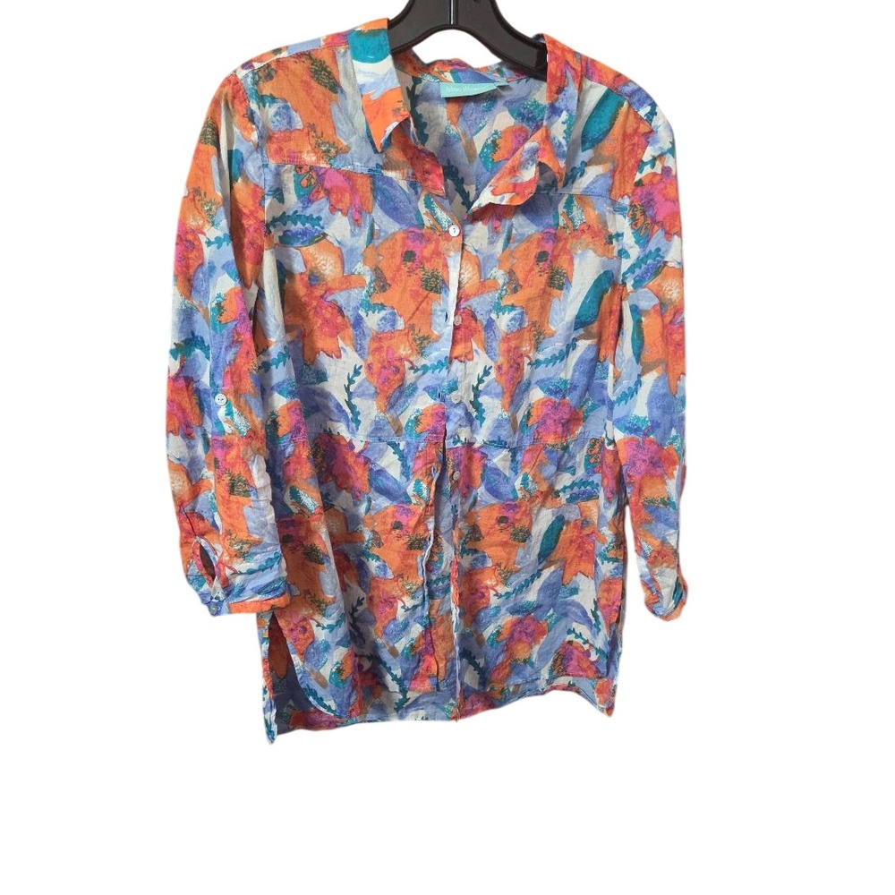 Blue Illusion Shirt L Large Tropical Floral Orange Blue Pink Roll Tab Sleeve
